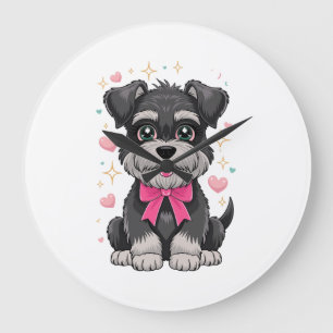 Cute Schnauzer With Pink Bow Surrounded by Hearts Large Clock