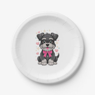 Cute Schnauzer With Pink Bow Surrounded by Hearts Paper Plate