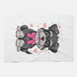 Cute Schnauzer With Pink Bow Surrounded by Hearts Tea Towel