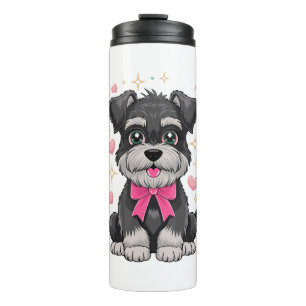 Cute Schnauzer With Pink Bow Surrounded by Hearts Thermal Tumbler