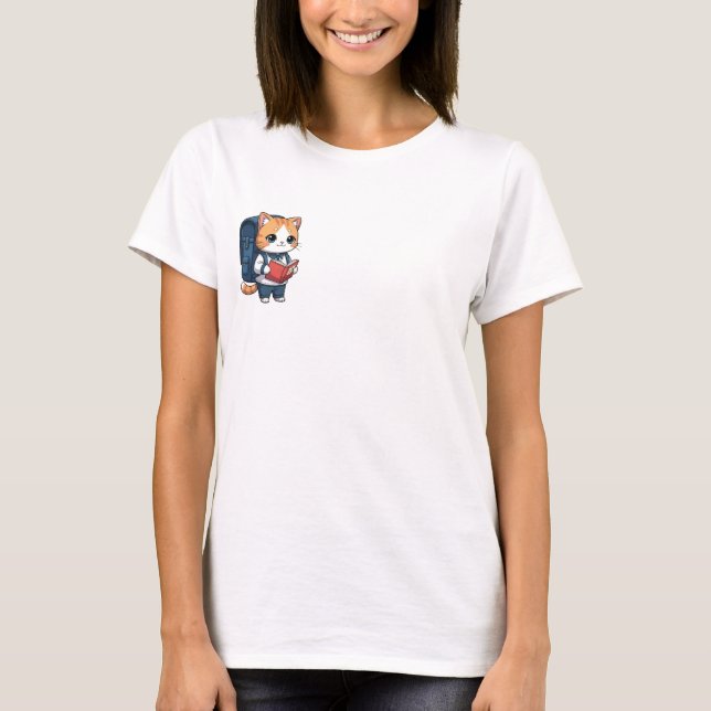 Cute Scholar Tabby Cat with Blue Backpack Reading T-Shirt (Front)