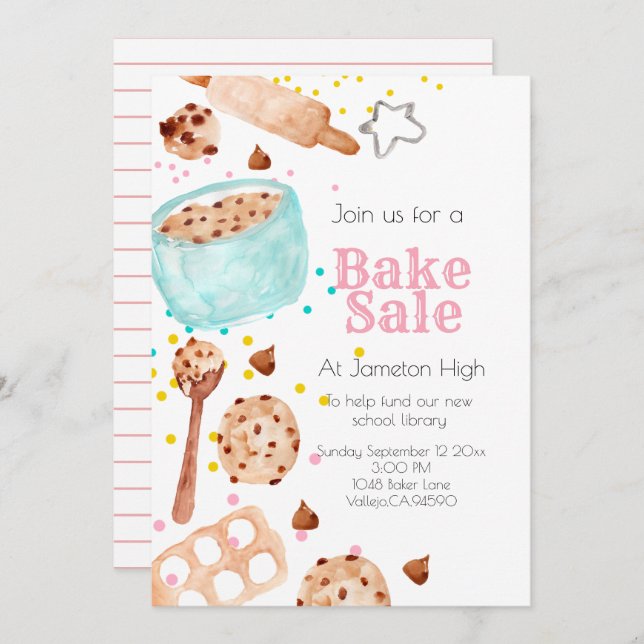 Cute school bake sale baking invitation (Front/Back)
