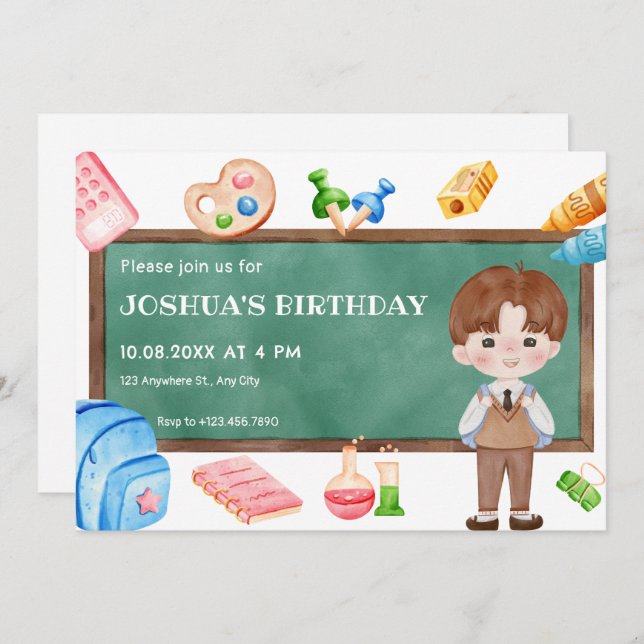 Cute school boy chalkboard birthday invitation (Front/Back)