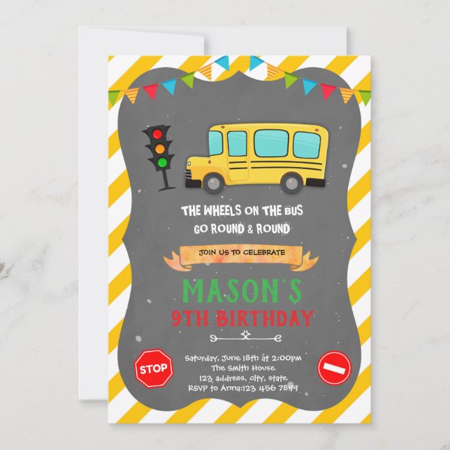 Cute School Bus Birthday Invitation (Front)