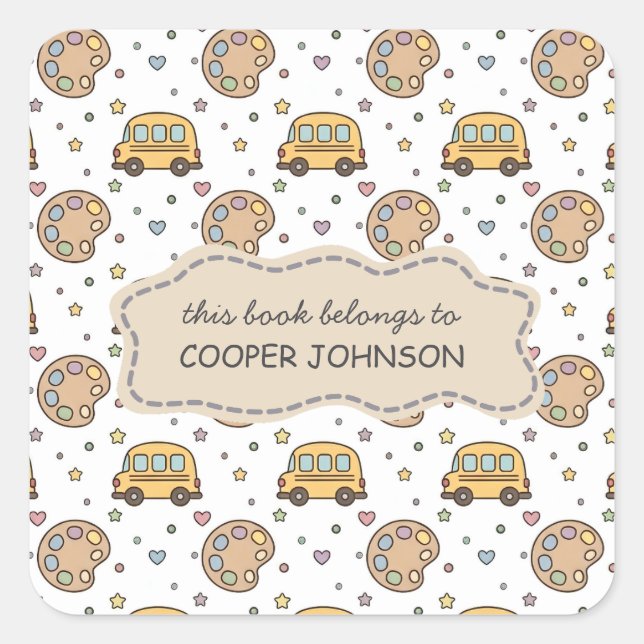 Cute School Bus Pattern Name Bookplate Square Sticker (Front)