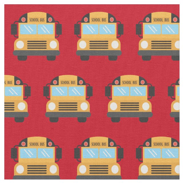 Cute School Bus Red Pattern Fabric (Close Up)