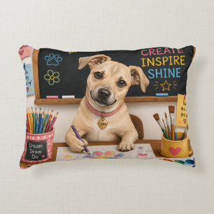 Cute School Dog Painting Watercolor Illustration Decorative Cushion
