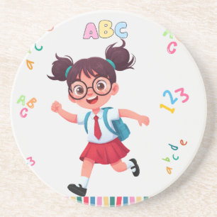 Cute School Girl ABC 123 Learning Illustration Coaster