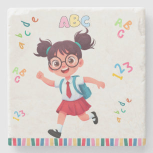 Cute School Girl ABC 123 Learning Illustration Stone Coaster