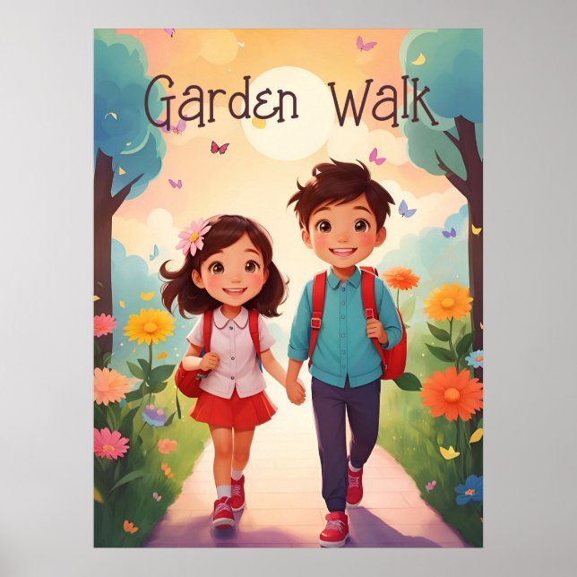 Cute School Kids in Garden Illustration AI Art  Poster (Front)