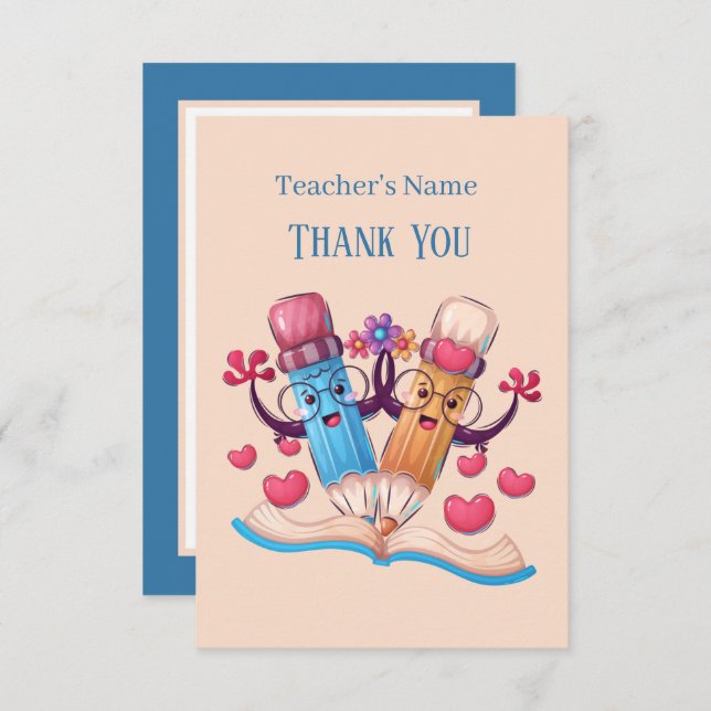 cute School pencils add name sentiment Teacher Thank You Card (Front/Back)