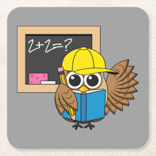 Cute School Student Owl Cartoon Square Paper Coaster