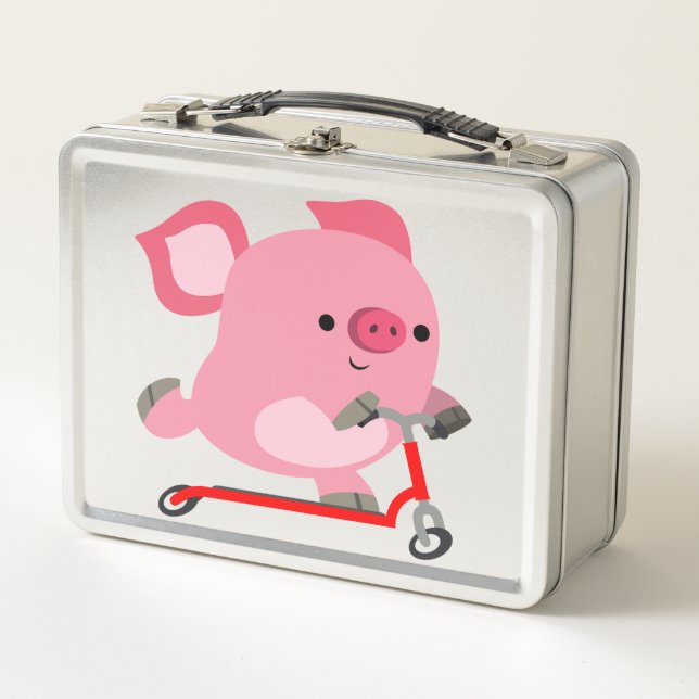 Cute Scooter-Riding Cartoon Pig Metal Lunch Box (Front)