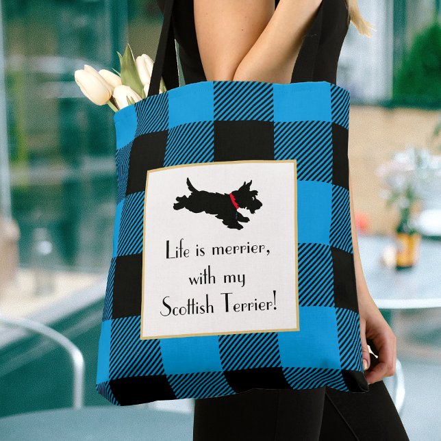 Cute Scottie Dog Buffalo Plaid Blue Tote Bag (Creator Uploaded)