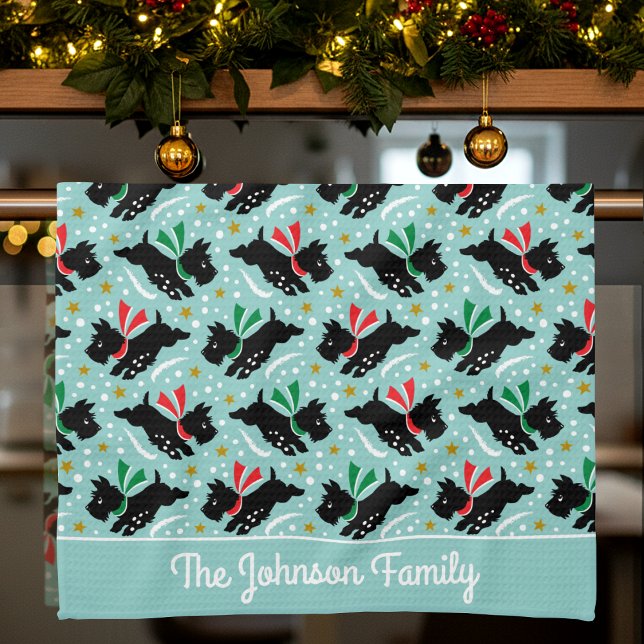 Cute Scottie Dog Family Name Snow Fun Pattern Mint Tea Towel (Creator Uploaded)