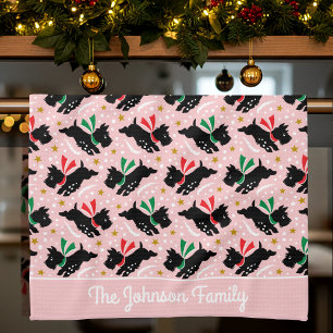 Cute Scottie Dog Family Name Snow Pink Christmas Tea Towel
