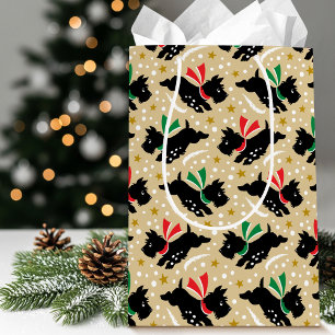 Cute Scottie Dog Fun Snow Pattern Gold Christmas Medium Gift Bag