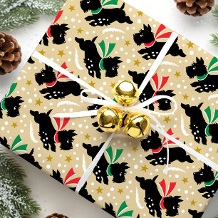 Cute Scottie Dog Fun Snow Pattern Gold Christmas Wrapping Paper