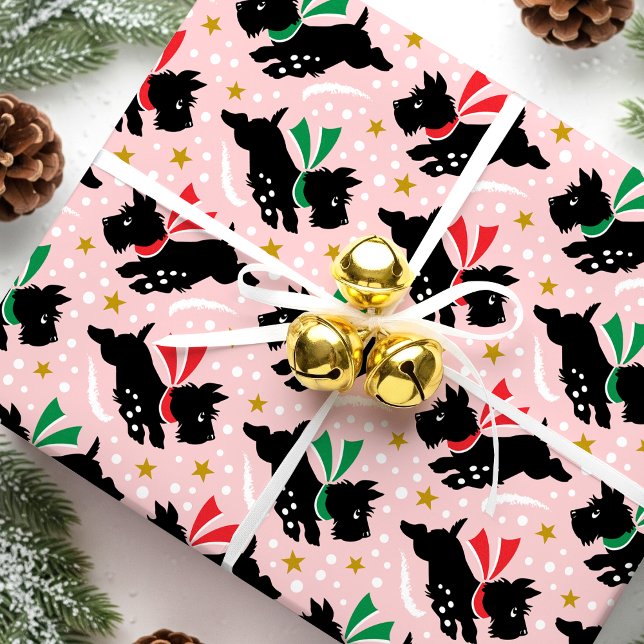 Cute Scottie Dog Fun Snow Retro Pattern Pink Wrapping Paper (Creator Uploaded)