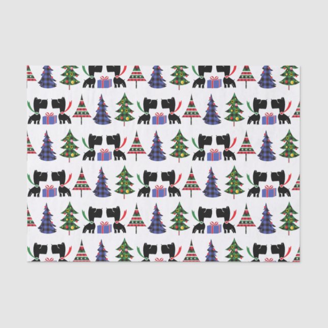 Cute Scottie Dogs and Christmas Trees Pattern Tissue Paper (Front)