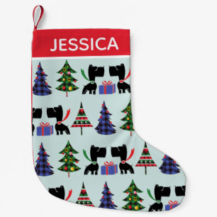 Cute Scottie Dogs and Christmas Trees Personalised Small Christmas Stocking