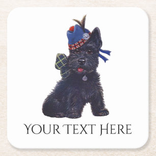 Cute Scottie Personalise Square Paper Coaster