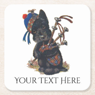 Cute Scottie Playing Bagpipes Personalise Square Paper Coaster