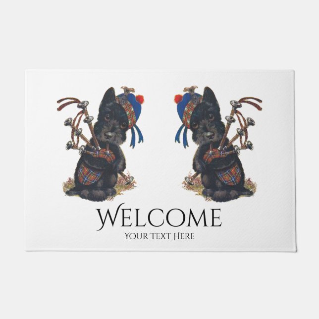 Cute Scotties Playing Bagpipes Personalise Doormat (Front)