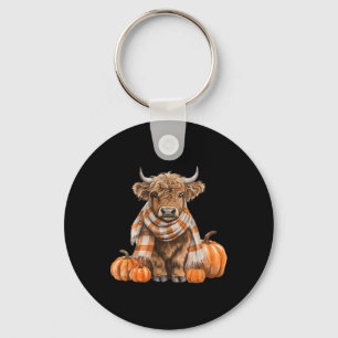 Cute Scottish Cow Cosy Autumn Pumpkin Western Fall Key Ring