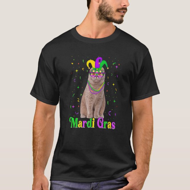 Cute Scottish Fold Cat Animals Mardi Gras Carnival T-Shirt (Front)