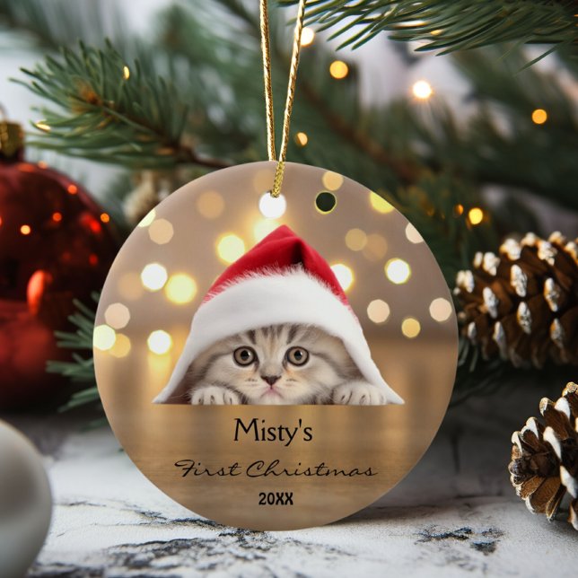 Cute Scottish Fold Cat Santa Hat Gold Personalised Ceramic Ornament (Creator Uploaded)