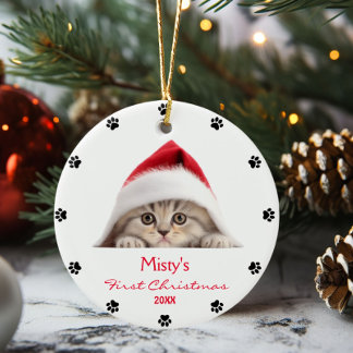 Cute Scottish Fold Cat Santa Hat Paw Personalised Ceramic Ornament