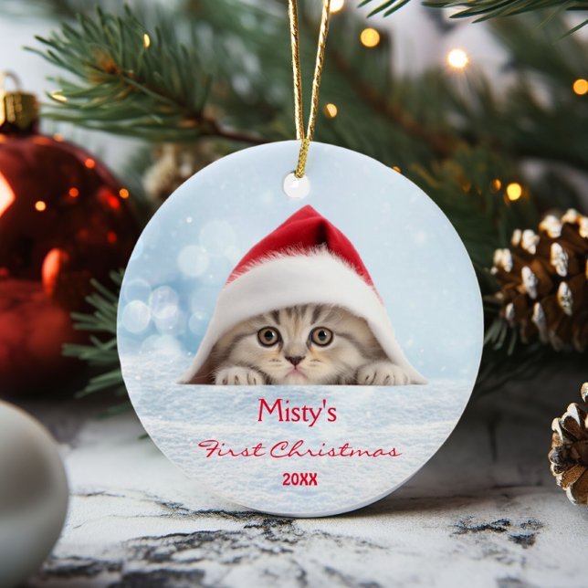 Cute Scottish Fold Cat Santa Hat Paw Personalised  Ceramic Ornament (Creator Uploaded)