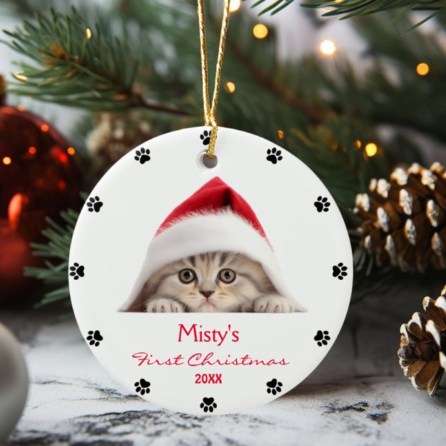 Cute Scottish Fold Cat Santa Hat Paw Personalised  Ceramic Ornament (Creator Uploaded)