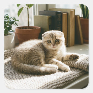 Cute Scottish Fold Cat Square Sticker