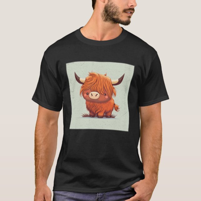 Cute Scottish Highland Cow Illustration Little Hor T-Shirt (Front)