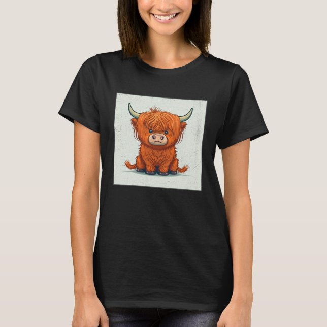 Cute Scottish Highland Cow Illustration Little Hor T-Shirt (Front)