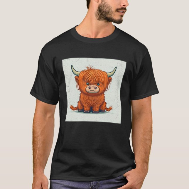 Cute Scottish Highland Cow Illustration Little Hor T-Shirt (Front)