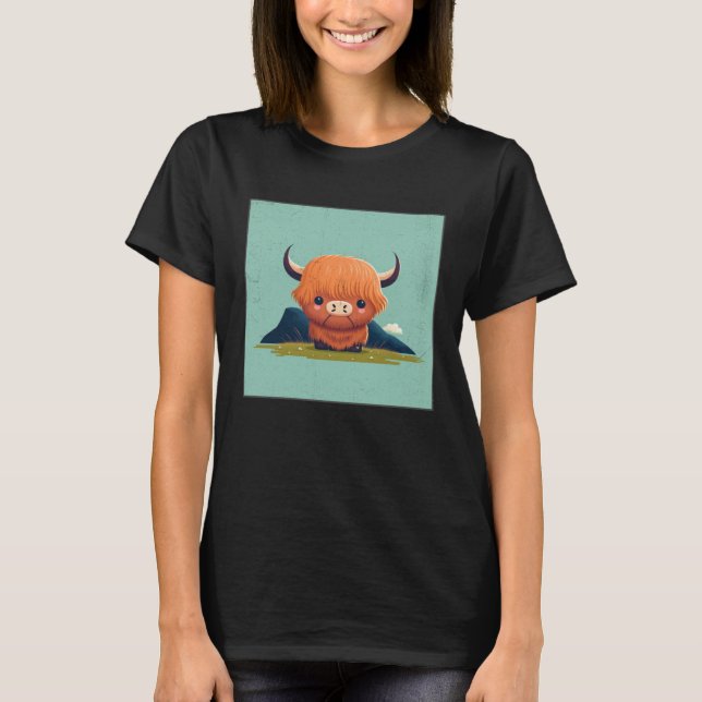 Cute Scottish Highland Cow Illustration Little Hor T-Shirt (Front)
