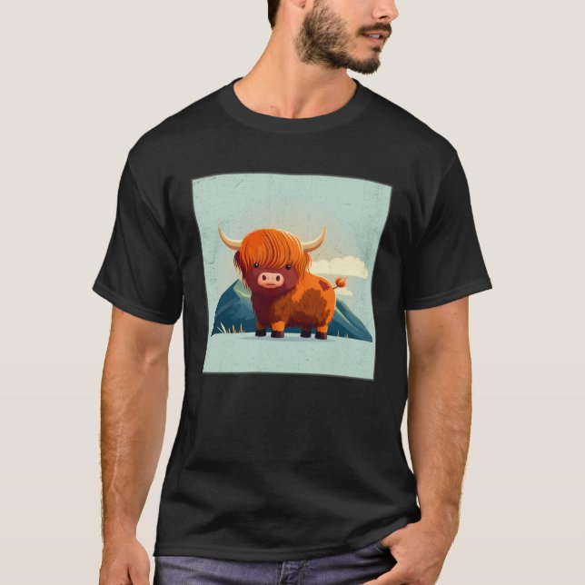 Cute Scottish Highland Cow Illustration Little Hor T-Shirt (Front)