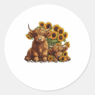 Cute Scottish Highland Cow Sunflower Mothers Day F Classic Round Sticker