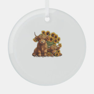Cute Scottish Highland Cow Sunflower Mothers Day F Glass Tree Decoration