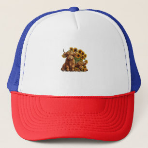 Cute Scottish Highland Cow Sunflower Mothers Day F Trucker Hat