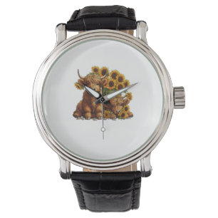 Cute Scottish Highland Cow Sunflower Mothers Day F Watch