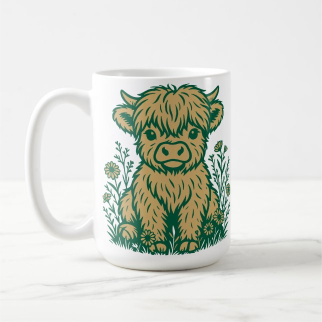 Cute Scottish Highland Cow & Wildflowers Coffee Mug (Left)
