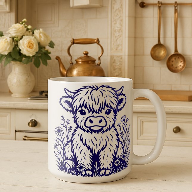 Cute Scottish Highland Cow & Wildflowers Coffee Mug (Creator Uploaded)