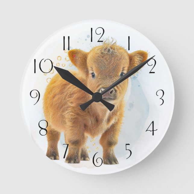 Cute Scottish Highlander Cow Round Clock (Front)