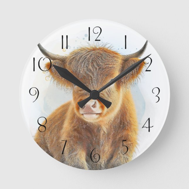 Cute Scottish Highlander Cow Round Clock (Front)