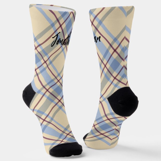 Cute scottish monogrammed beige tartan script socks (Angled)