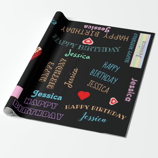 Cute Script Birthday Girl Name Hearts Black Wrapping Paper (Unrolled)